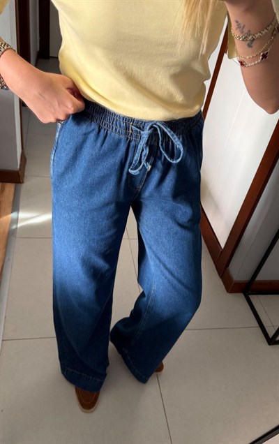 GENİŞ PAÇA BELİ LASTİKLİ DENİM PANTOLON