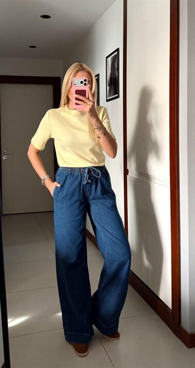 GENİŞ PAÇA BELİ LASTİKLİ DENİM PANTOLON