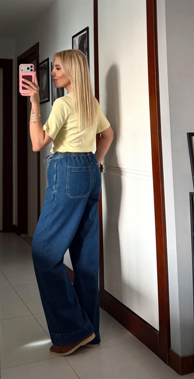 GENİŞ PAÇA BELİ LASTİKLİ DENİM PANTOLON