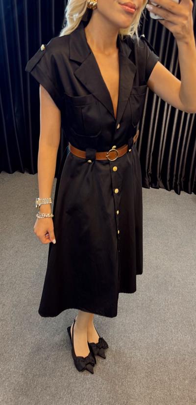 GOLD DÜĞMELİ GÖMLEK YAKA KEMERLİ ELBİSE SİYAH
