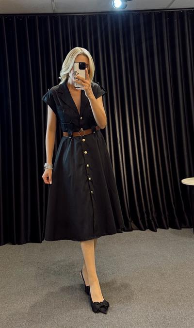 GOLD DÜĞMELİ GÖMLEK YAKA KEMERLİ ELBİSE SİYAH