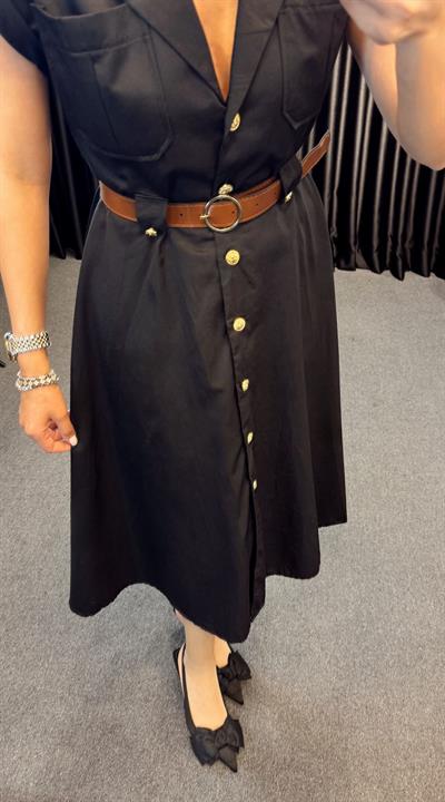 GOLD DÜĞMELİ GÖMLEK YAKA KEMERLİ ELBİSE SİYAH