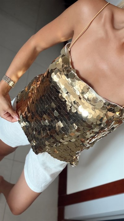 GOLD MARKA MODEL İP ASKILI PULLU BLUZ