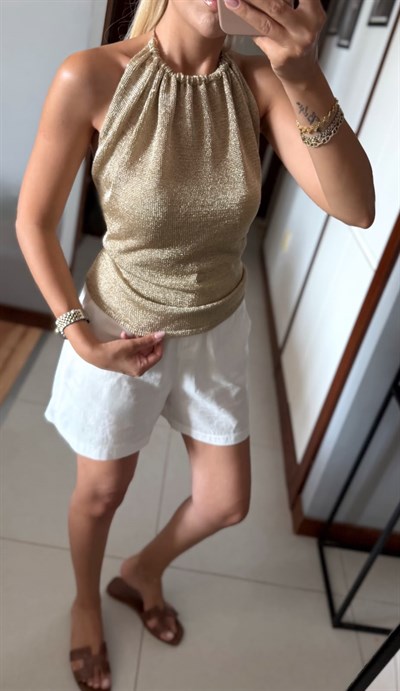 GOLD YAKA BAĞLAMALI BÜZGÜLÜ BLUZ