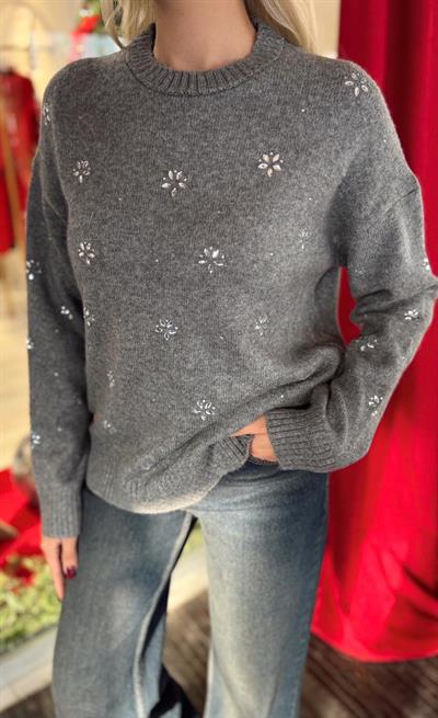 GRİ ÇİÇEK TAŞLI TRİKO KAZAK