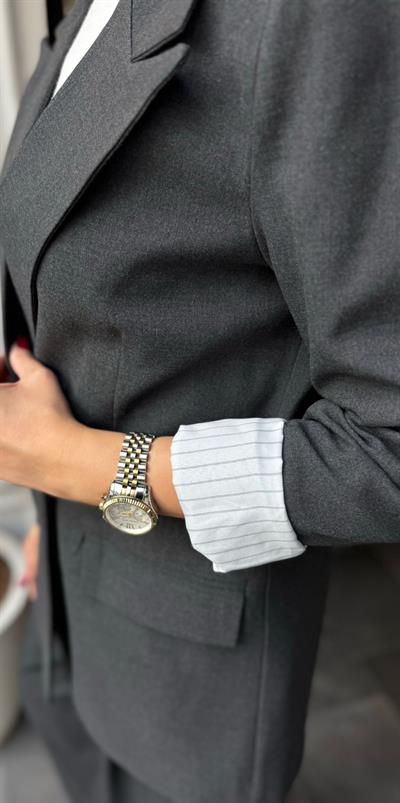 GRİ ORJ MARKA MASSİ VATKALI İÇİ ÇİZGİLİ BLAZER