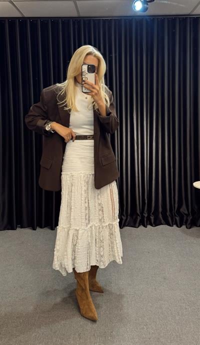 GÜPÜR VE DANTEL İŞLEMELİ BELİ LASTİKLİ ETEK BEYAZ