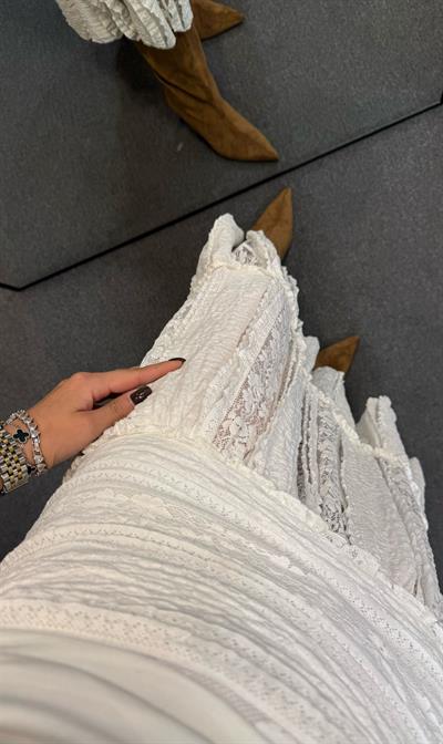 GÜPÜR VE DANTEL İŞLEMELİ BELİ LASTİKLİ ETEK BEYAZ