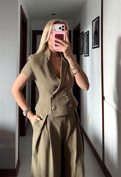 HAKİ BELDEN OTURTMALI KETEN BLUZ PANTOLON TAKIM