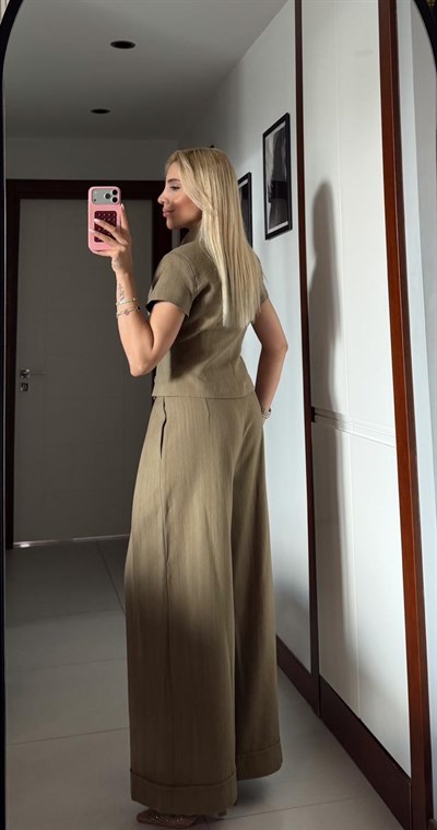 HAKİ BELDEN OTURTMALI KETEN BLUZ PANTOLON TAKIM