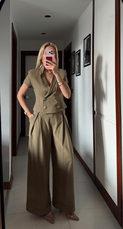 HAKİ BELDEN OTURTMALI KETEN BLUZ PANTOLON TAKIM