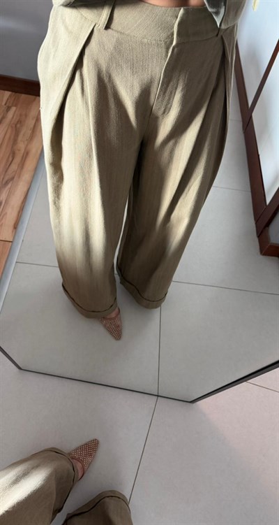 HAKİ BELDEN OTURTMALI KETEN BLUZ PANTOLON TAKIM