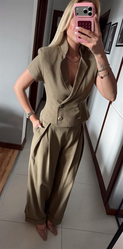 HAKİ BELDEN OTURTMALI KETEN BLUZ PANTOLON TAKIM