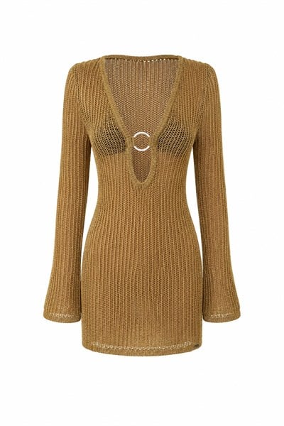 HAKİ HALKA TOKALI AJURLU BEACHWEAR ELBİSE
