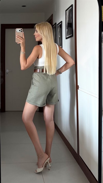 HAKİ KETEN KEMERLİ ŞEHİR BOY ŞORT