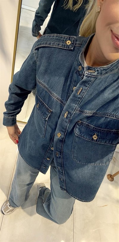 HAKİM YAKA APOLETLİ DENİM GÖMLEK