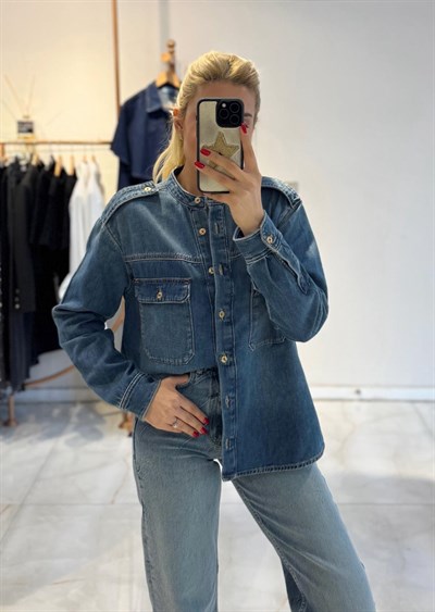 HAKİM YAKA APOLETLİ DENİM GÖMLEK