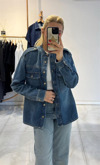 HAKİM YAKA APOLETLİ DENİM GÖMLEK