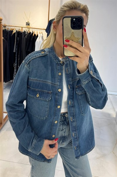 HAKİM YAKA APOLETLİ DENİM GÖMLEK