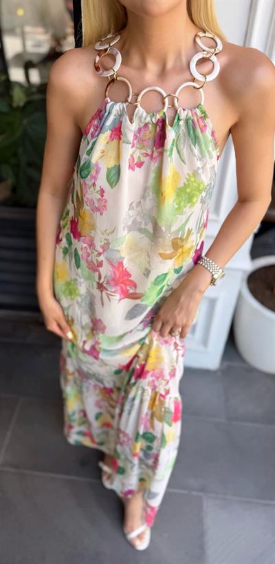 HALKA ZİNCİR DETAYLI ELBİSE EKRU