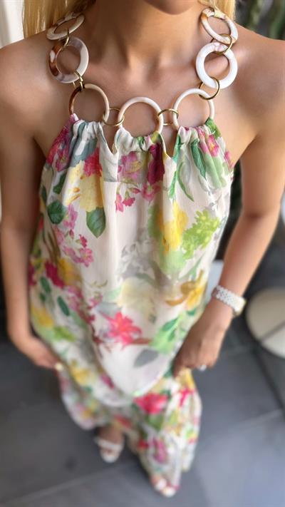 HALKA ZİNCİR DETAYLI ELBİSE EKRU