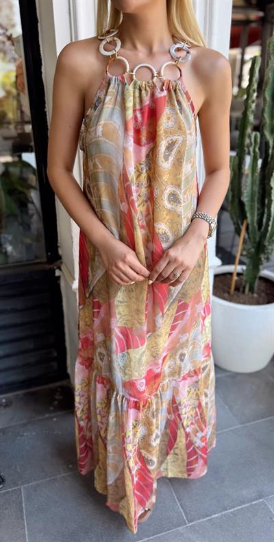 HALKA ZİNCİR DETAYLI ELBİSE KIRMIZI