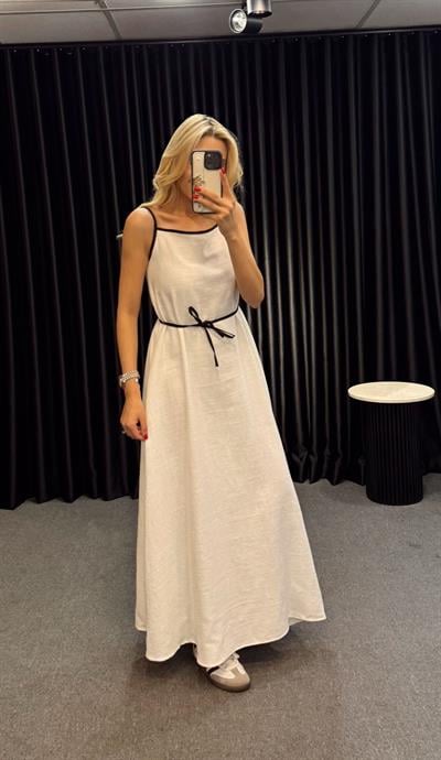 İNCE ASKILI BİYELİ KETEN ELBİSE BEYAZ