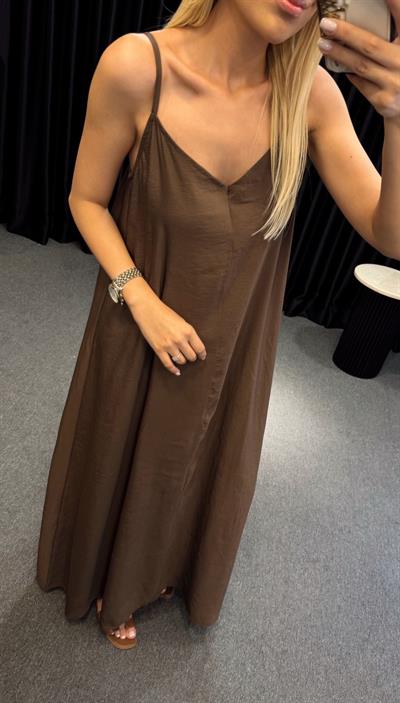 İP ASKILI TENSEL ELBİSE KAHVE