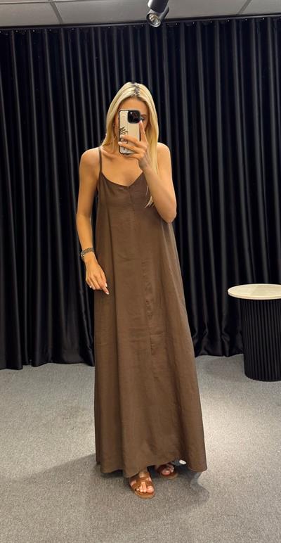 İP ASKILI TENSEL ELBİSE KAHVE