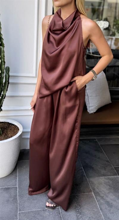 İPEK SATEN DRAPELİ BLUZ PANTOLON TAKIM KAHVE