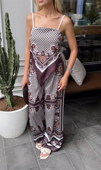 JOSIE DESENLİ BLUZ PANTOLON TAKIM KAHVE