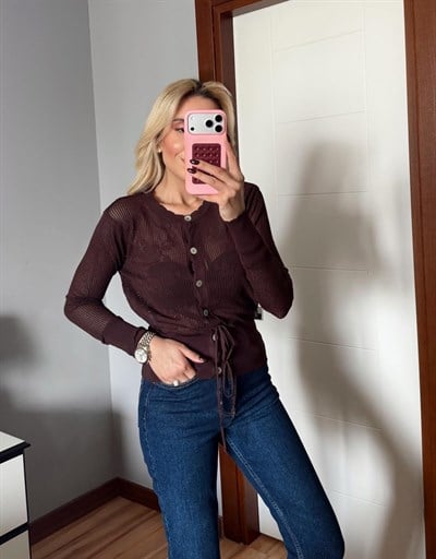 KAHVE AJURLU BELDEN BAĞLAMALI DANTEL DETAYLI TRİKO