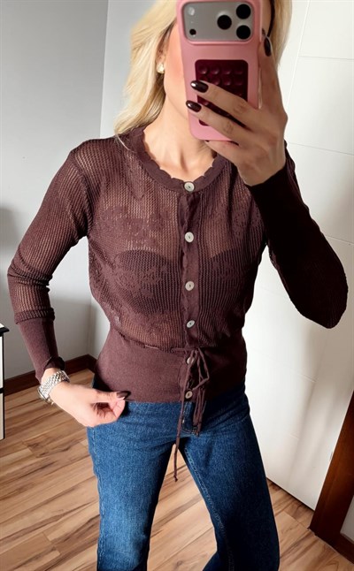 KAHVE AJURLU BELDEN BAĞLAMALI DANTEL DETAYLI TRİKO