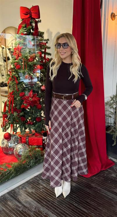 KAHVE BEJ EKOSE DESENLİ ETEK