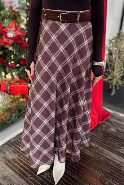 KAHVE BEJ EKOSE DESENLİ ETEK