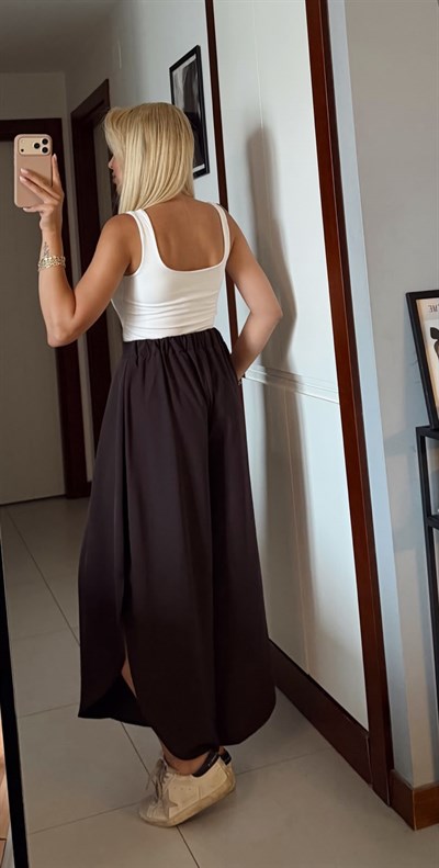 KAHVE BELDEN LASTİKLİ PAÇASI YIRTMAÇLI ŞALVAR PANTOLON