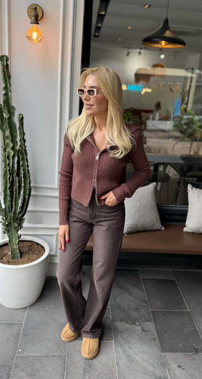 KAHVE ÇİFT FERMUARLI KAPÜŞONLU HIRKA