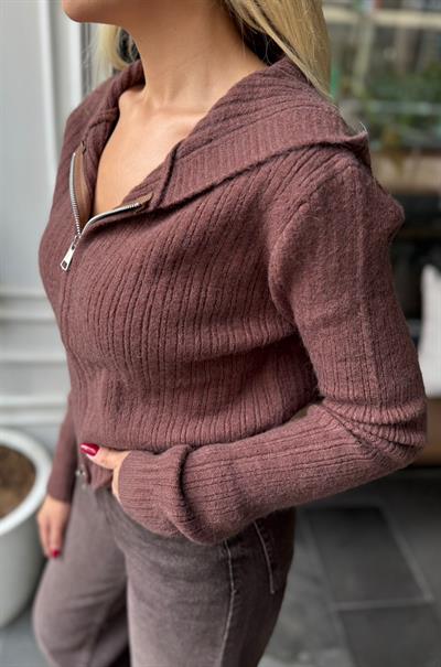 KAHVE ÇİFT FERMUARLI KAPÜŞONLU HIRKA