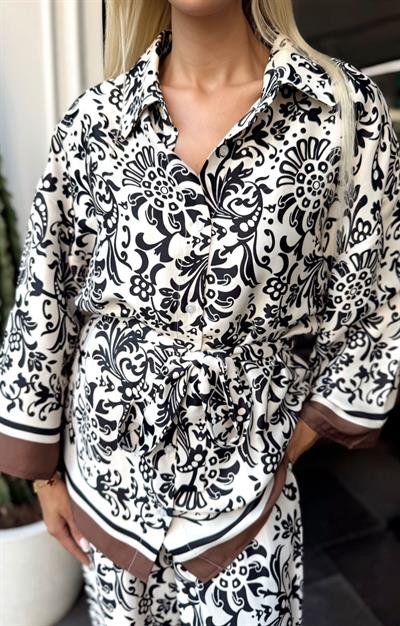 KAHVE DESENLİ PANTOLON GÖMLEK SATEN TAKIM