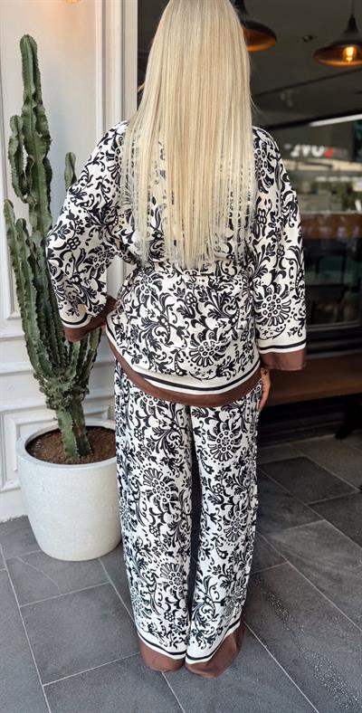 KAHVE DESENLİ PANTOLON GÖMLEK SATEN TAKIM