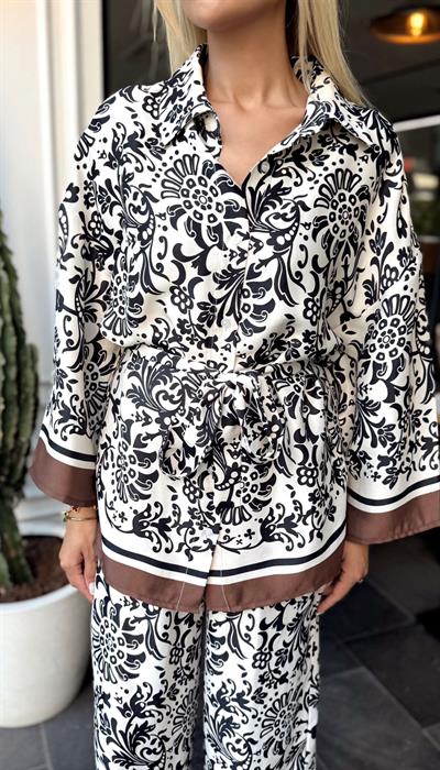 KAHVE DESENLİ PANTOLON GÖMLEK SATEN TAKIM