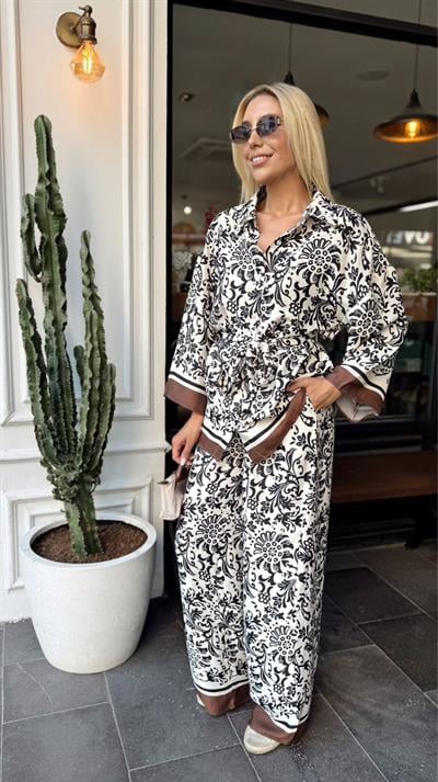 KAHVE DESENLİ PANTOLON GÖMLEK SATEN TAKIM