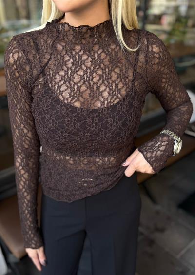 KAHVE DİK YAKA DANTEL BLUZ