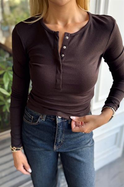 KAHVE DİLVİN UZUN KOLLU ÇITÇIT DÜĞMELİ BODY