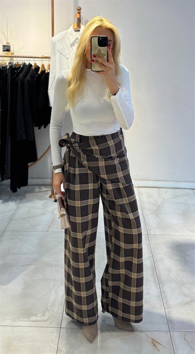 KAHVE EKOSE DESEN FULARLI PANTOLON