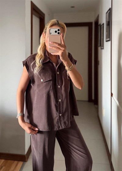 KAHVE ENORA TENSEL SİLVER DÜĞMELİ YELEK PANTOLON TAKIM