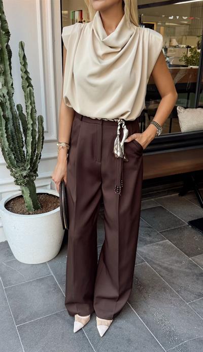KAHVE FULAR KEMERLİ PALAZZO PANTOLON