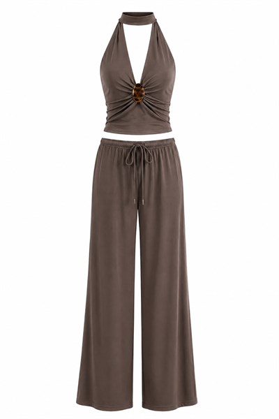 KAHVE GOLD BROŞLU BLUZ PANTOLON TAKIM