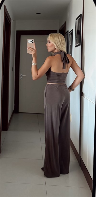 KAHVE GOLD BROŞLU BLUZ PANTOLON TAKIM