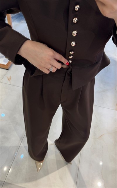 KAHVE GOLD DÜĞME DETAYLI CEKET PANTOLON TAKIM